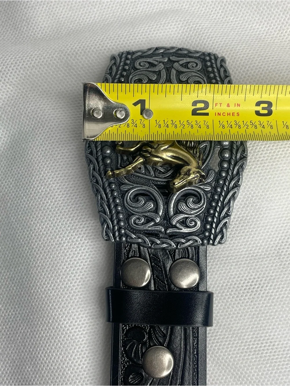 Vintage Western Tooled Big Buckle Belt Size 34 Black Etched Leather Silver Gold